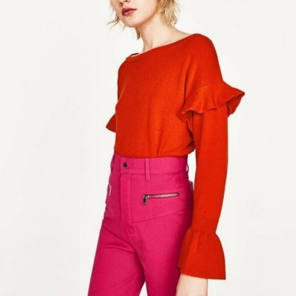 Zara Knit EUC Orange Boat Neck Ruffle Bell Sleeve Sweater Size S - Picture 2 of 12